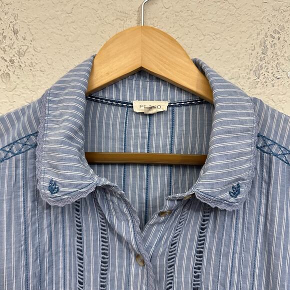 PILCRO ANTHROPOLOGIE Flowy Shirt Dress Blue Pinstriped Puff Sleeve - Picture 4 of 12